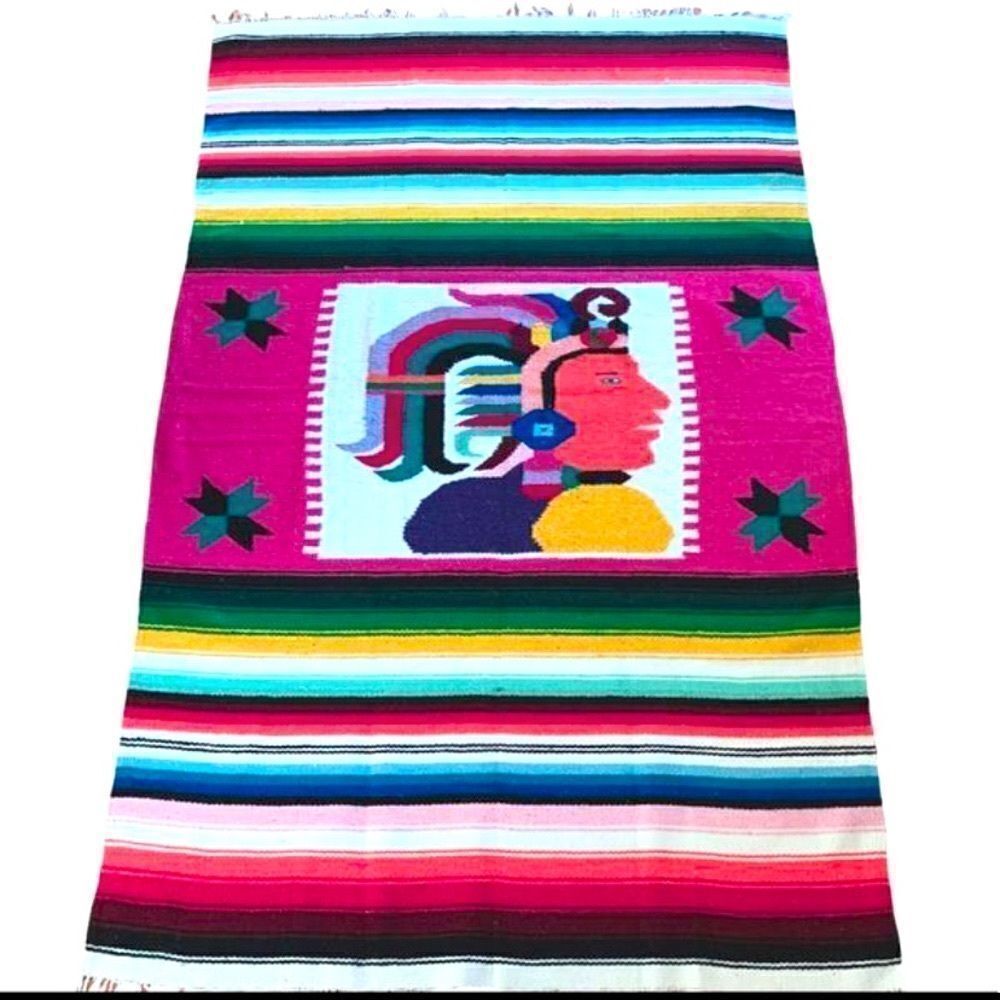 Vintage Baja Wool Mayan Aztec Blanket